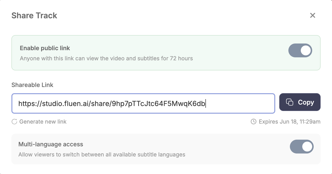 The Share Track dialog showing the public link, its expiry, and language options