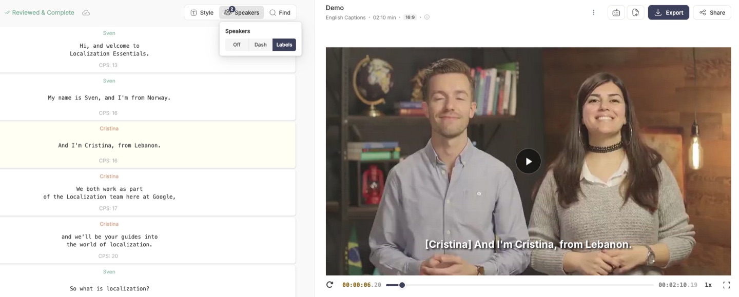 The editor with speaker labels on each subtitle and a menu to set speakers off, as a dash, or as named labels