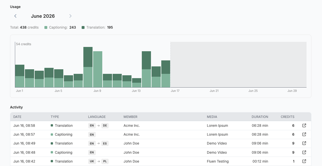 The Usage view: a monthly credit total split between captioning and translation, a daily chart, and an activity log of processed files