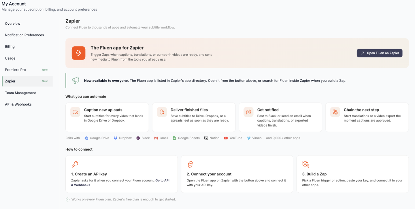 The Zapier section in Fluen settings, with an Open Fluen on Zapier button, four cards showing what you can automate, a row of apps it pairs with, and three steps to connect your account