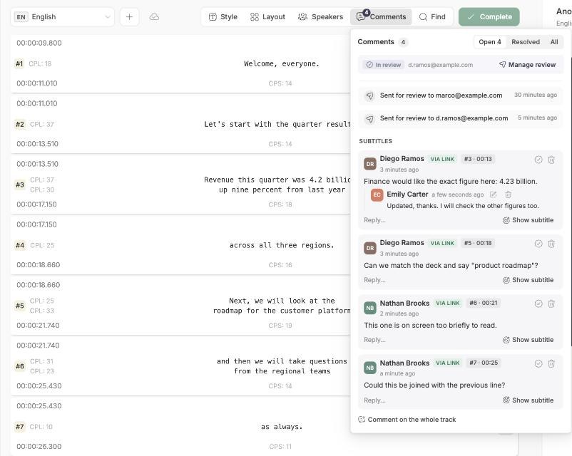 The subtitle editor with the Comments panel open: a review in progress, and four notes left through a share link by two reviewers, one of them answered by the person who owns the video