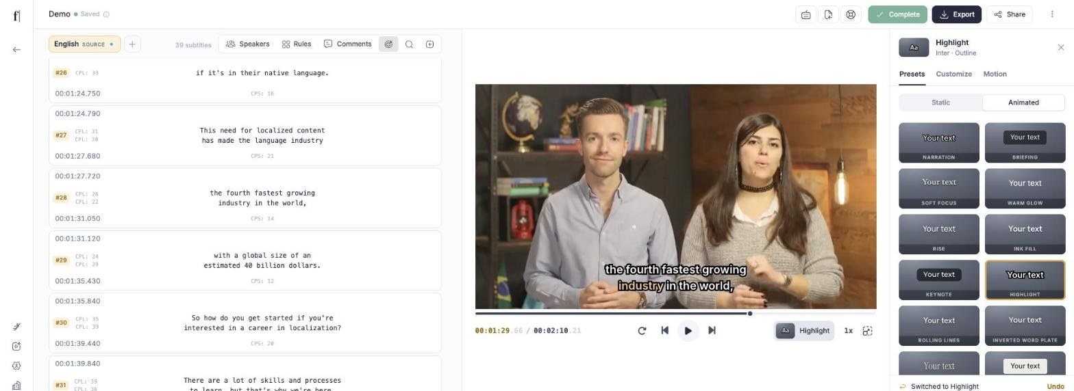 The Caption style panel open beside the video, showing the animated presets, with the Highlight style applied: the word being spoken is picked out in a warm colour in the caption over the video